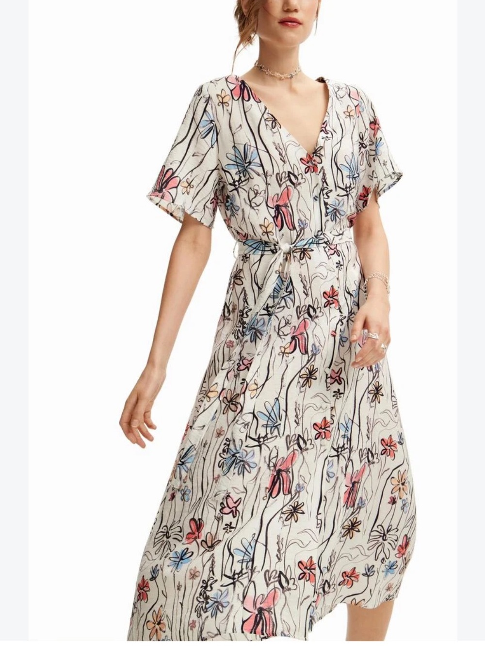 Desigual Colorful Floral Button Front Short Sleeve Midi Dress Size Large Art